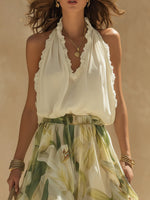 Vacation Chiffon Ruffled Sleeveless Top And Lily Print Pants Set