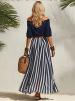 Navy Off Shoulder Top Stripe Pants Set