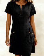 Zipper Pocket Cotton Linen Dress