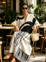 Striped Split-Joint Printed Contrast Color Short Sleeves Loose V-neck Maxi Dresses