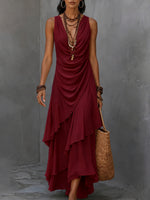 Sleeveless Draped V-Neck Asymmetrical Ruffle Maxi Dress