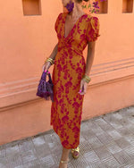 Elegant leaf print deep V puff sleeve A-line dress
