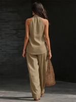 Casual Urban Style White Linen V-neck Sleeveless Top And Wide Leg Pants Set