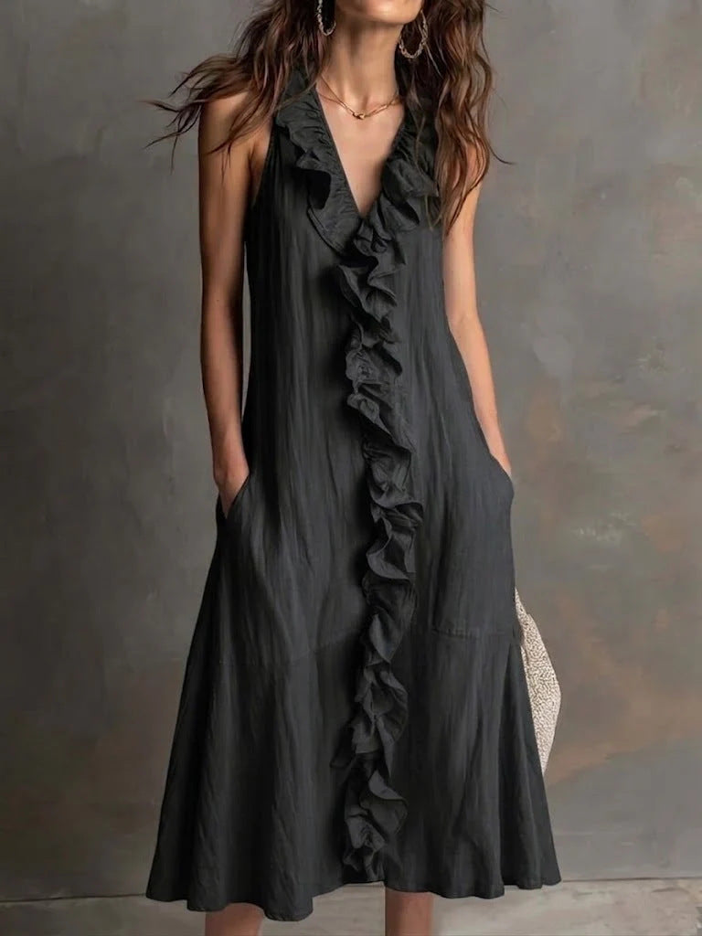 ?? Ruffle V-Neck Sleeveless Midi Dress