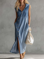 Exquisite Vintage Casual Hooded V-neck Zipper Side Slits Buttons Blue Denim Midi Dress