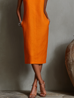 Women's Orange Linen Shift Dress With Sleeveless Round Neck & Side Pockets, Timeless Minimalist-Elegant Style Dress