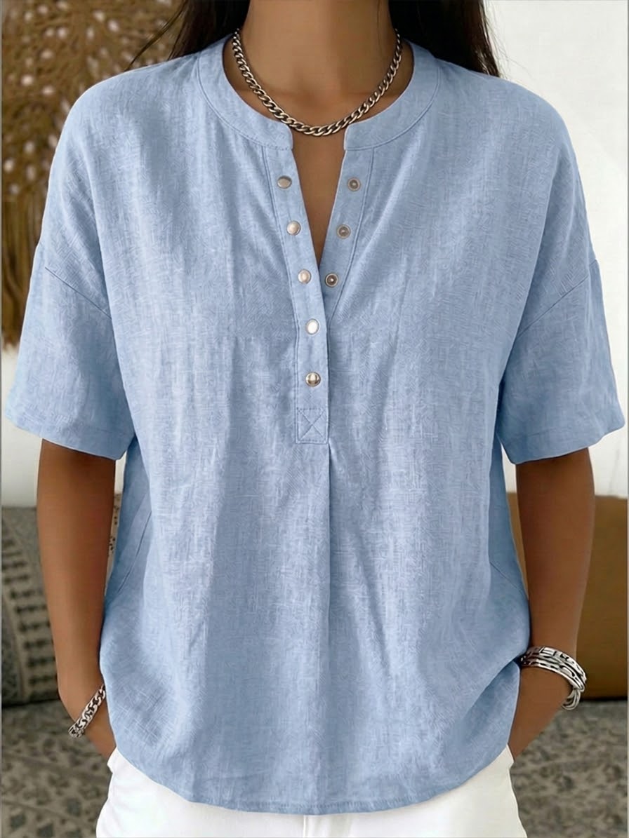 New Arrivals?? Women¡¯s Casual Henley Collar Linen And Cotton Short-sleeve Shirt