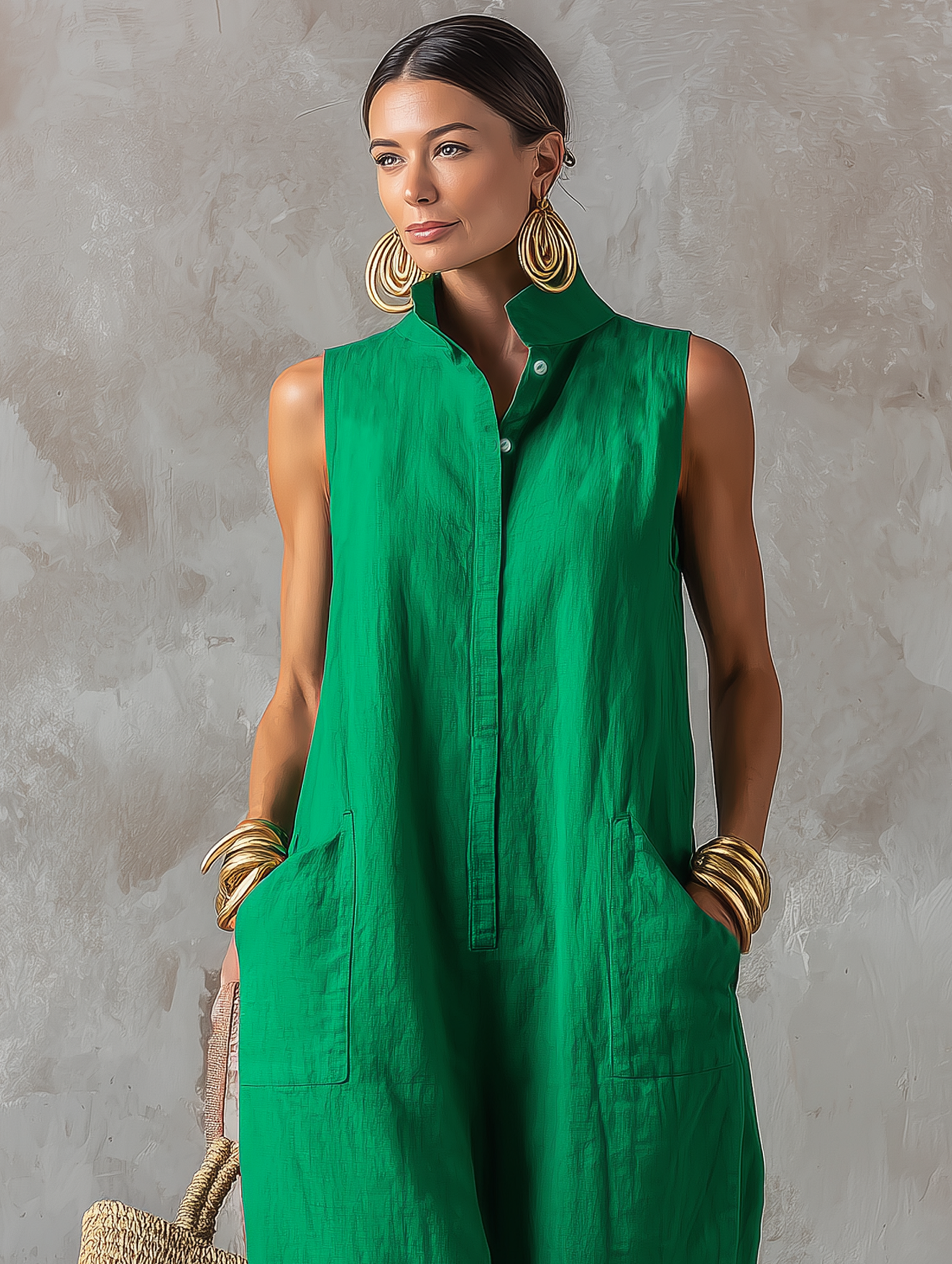 Women's Minimalist Loose-Fit Linen-Blend Jumpsuit ¡ª Stand Collar, Sleeveless, Single-Breasted