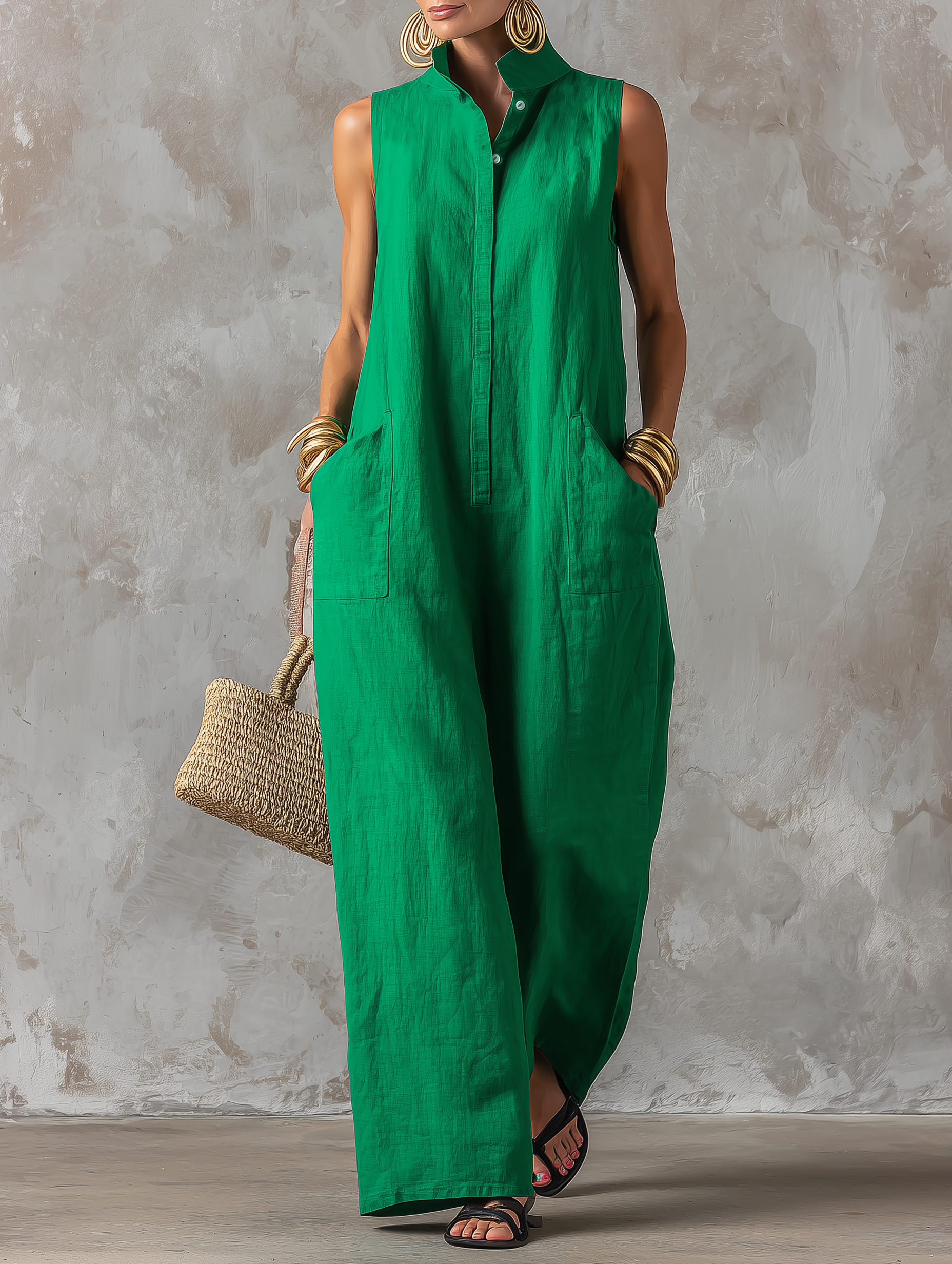 Women's Minimalist Loose-Fit Linen-Blend Jumpsuit Stand Collar, Sleeveless, Single-Breasted