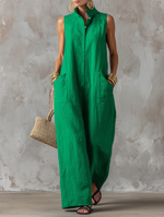 Women's Minimalist Loose-Fit Linen-Blend Jumpsuit ¡ª Stand Collar, Sleeveless, Single-Breasted