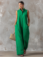 Women's Minimalist Loose-Fit Linen-Blend Jumpsuit ¡ª Stand Collar, Sleeveless, Single-Breasted