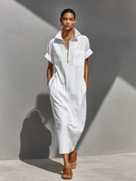 Women's White 100% Cotton Maxi Shirt Dress With Half-Zip Collar & Rolled Sleeves, Timeless Casual Everyday Dress