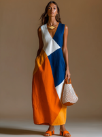 Women's Casual Vacation-Style Loose-Fit, Sleeveless, V-Neck, Multi-Color Patchwork Cotton-Linen Maxi Dress