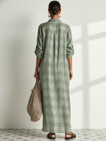 Women's Retro Casual Plaid Print Cotton Linen Shirt Long Sleeve Midi Dress