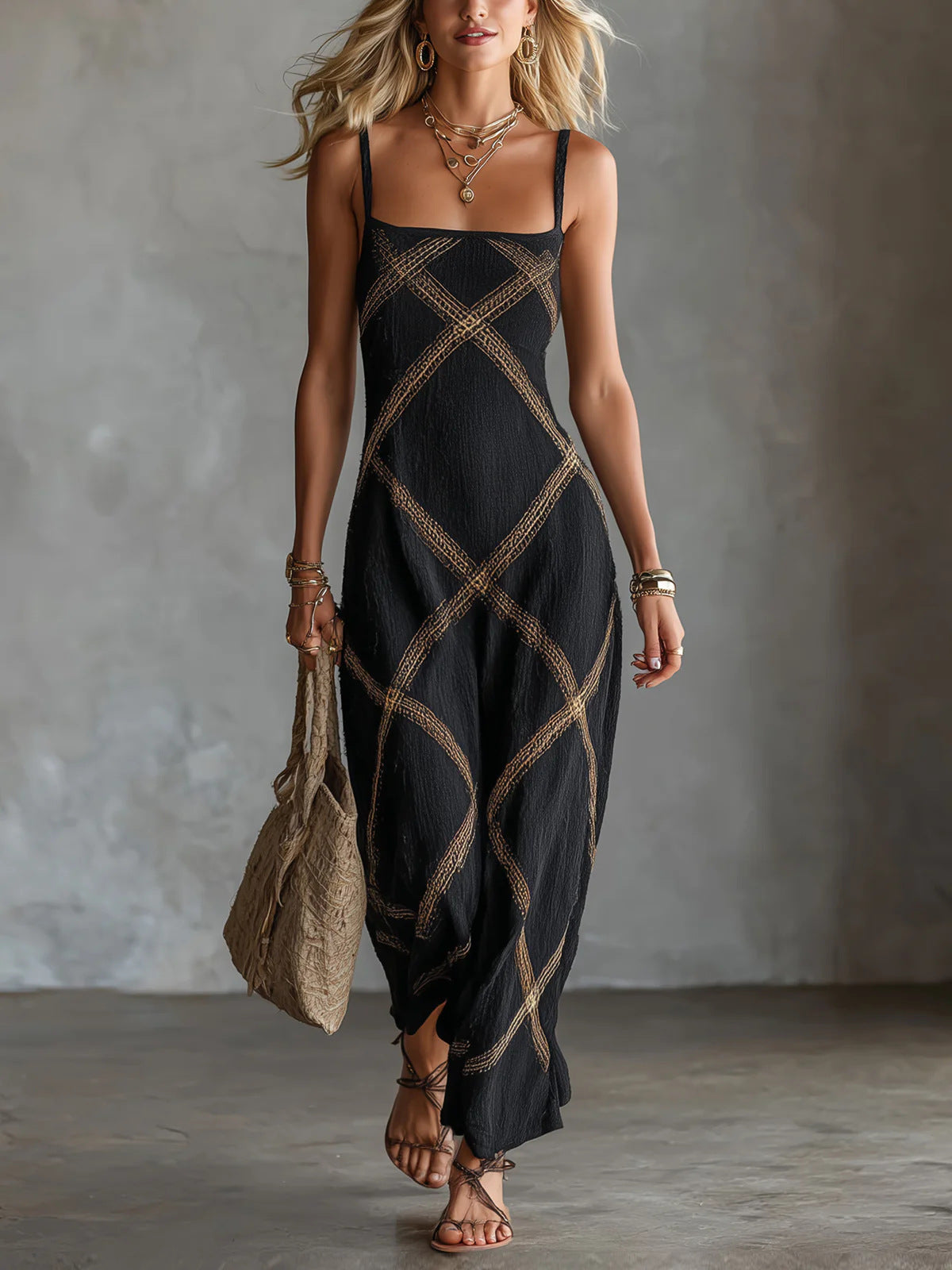 Diamond Lattice Textured Square Neck Slip Maxi Dress ¨C Boho Summer Long Cami Dress