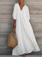 Women's Breezy Cotton-linen Maxi Dress With Lettuce-edge V-neck¡ªperfect For Vacation