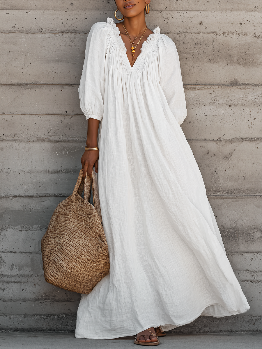 Women's Breezy Cotton-linen Maxi Dress With Lettuce-edge V-neck¡ªperfect For Vacation