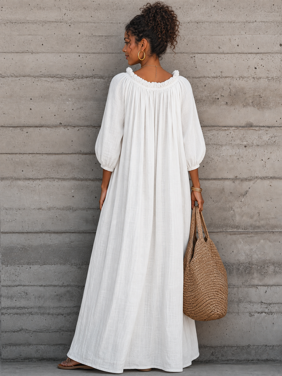 Women's Breezy Cotton-linen Maxi Dress With Lettuce-edge V-neck¡ªperfect For Vacation