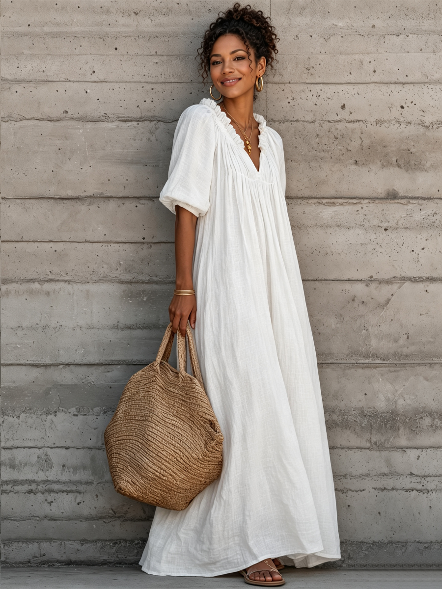 Women's Breezy Cotton-linen Maxi Dress With Lettuce-edge V-neck¡ªperfect For Vacation