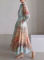 Printed Pockets Contrast Color Buttoned Three-quarter Sleeves High Waisted Lapel Shirt Dress Maxi Dresses