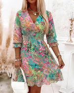 Women's Oil Painting Floral Chiffon Dress V Neck Three Quarters Sleeve Shirred High Waist Ruffle Hem A Line Dress
