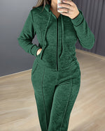 2 Pieces Outfit Long Sleeve Zip Up Drawstring Hoodie Coat and Casual Elastic Waist Seam Front Straight Leg Pants Set