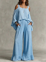 Women Solid Textured Cold Shoulder Batwing Top Elastic Waist Ruffle Wide Leg Pants Matching Set