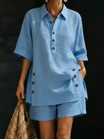 Loose Plus Size Buttoned Pockets Solid Color Lapel Blouse Top + Shorts Bottom Two Pieces Set