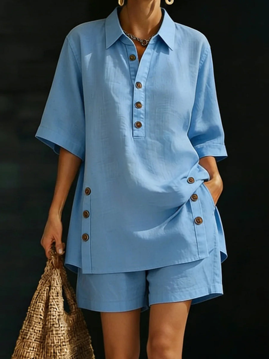Loose Plus Size Buttoned Pockets Solid Color Lapel Blouse Top + Shorts Bottom Two Pieces Set