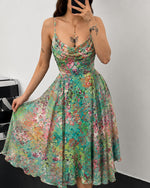 Women's Floral Mesh A Line Dress Cowl Neck Ruched Slip Dress Casual Backless Sundress