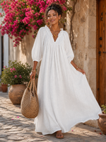 Women's Breezy Cotton-linen Maxi Dress With Lettuce-edge V-neck¡ªperfect For Vacation