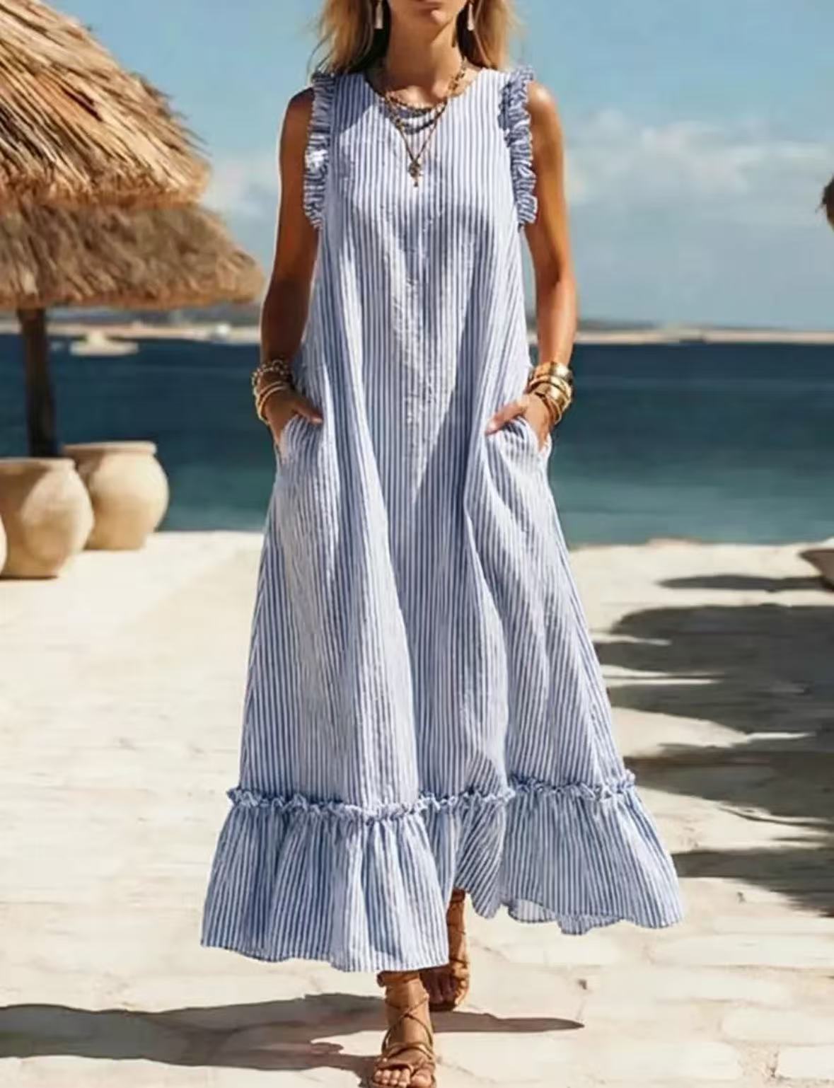 ?? Coastal Striped Ruffle Maxi Dress