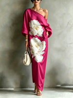 Pockets Flower Print Asymmetric Three-quarter Sleeves Loose One-shoulder Maxi Dresses