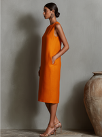 Women's Orange Linen Shift Dress With Sleeveless Round Neck & Side Pockets, Timeless Minimalist-Elegant Style Dress