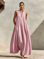 Stand Collar Sleeveless Linen Blend Pocketed Oversized Maxi Dress