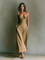 Linen Thin Strap Bustier Seamed Midi Slip Dress