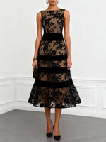 Nude Mesh Black Floral Lace Velvet Strip Sleeveless Midi Dress
