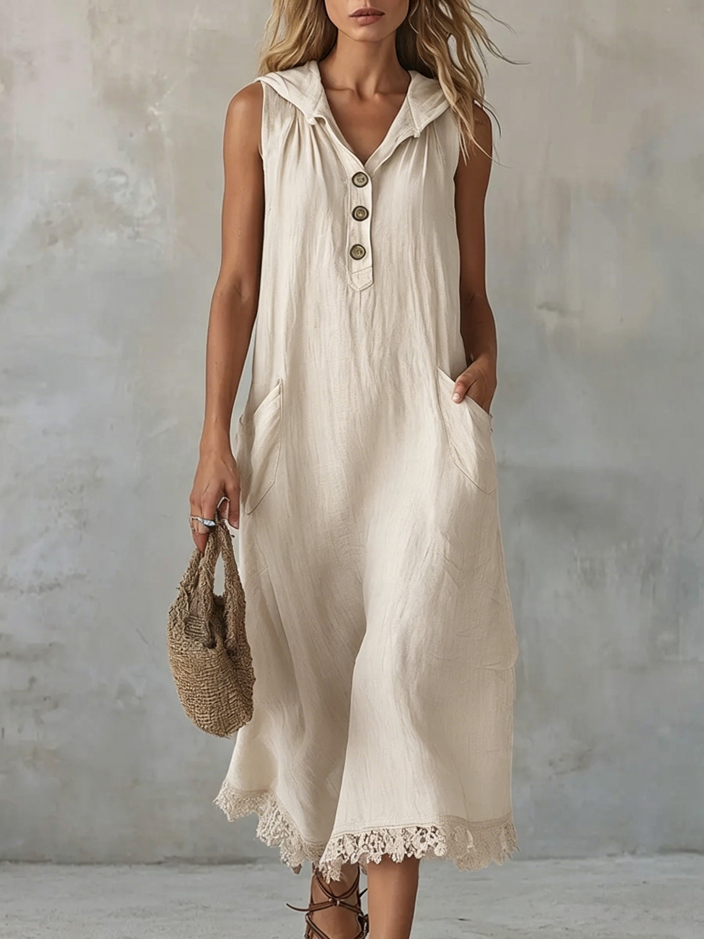 Sleeveless Collared Half Button Lace Hem Linen Midi Dress
