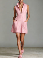 Linen Stand Collar Half Zip Sleeveless Pocket Mini Shift Dress