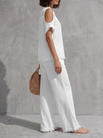 Fringed Cold Shoulder Half-Zip Solid Color Short Sleeve Blouses&Shirts Tops +  Pants Bottoms Trousers Two Pieces Set