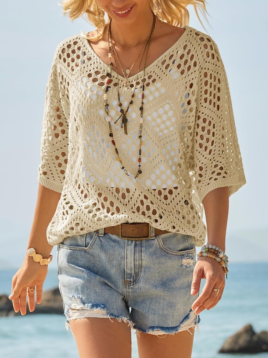 ? Handmade Crochet V©\Neck Boho Top | Apricot Summer Essential