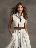 Belted Contrast Piping Maxi Shirt Dress