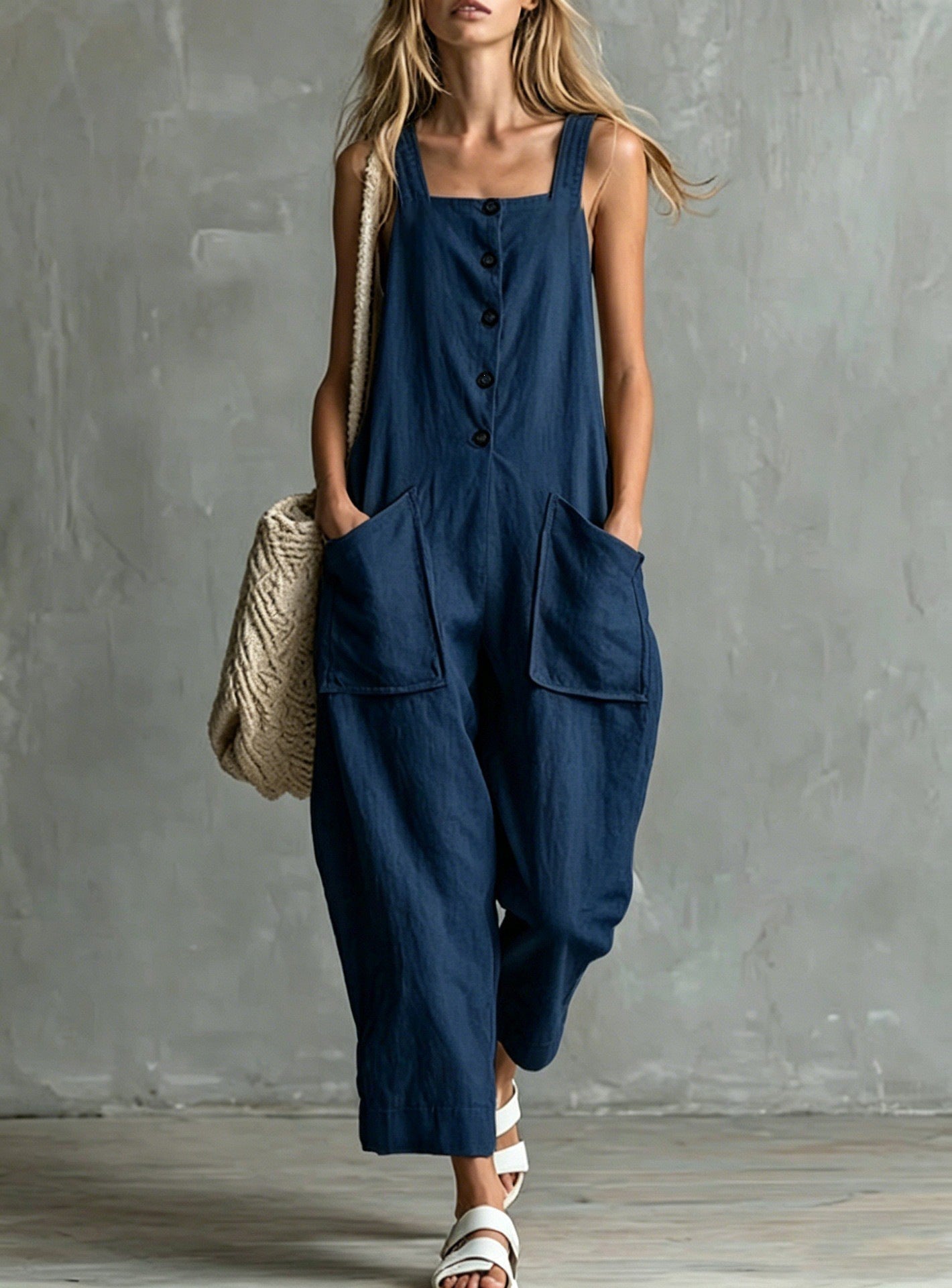 Loose Linen Square Neck Sleeveless Pocket Jumpsuit Casual Overall