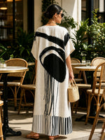 Striped Split-Joint Printed Contrast Color Short Sleeves Loose V-neck Maxi Dresses
