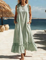 ?? Coastal Striped Ruffle Maxi Dress