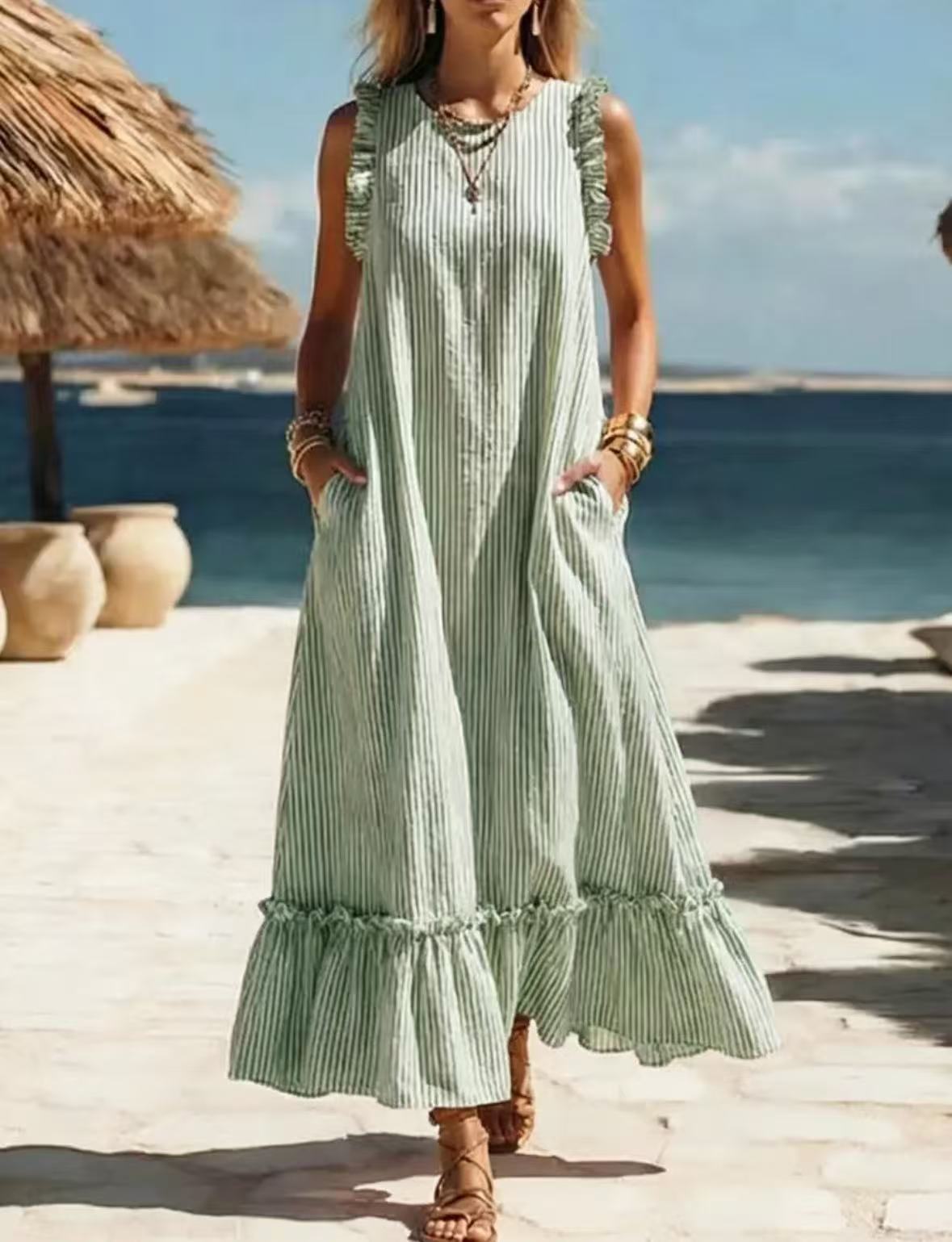 ?? Coastal Striped Ruffle Maxi Dress