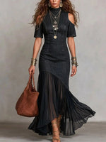 Off-Shoulder Mesh Hem Midi Dress ¨C Slim Fit Short Sleeve Dress