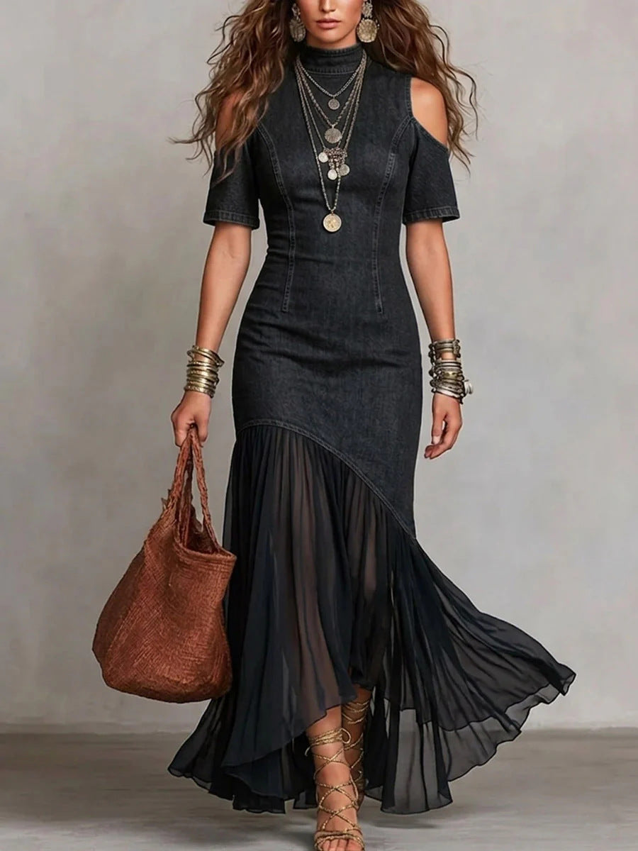 Off-Shoulder Mesh Hem Midi Dress ¨C Slim Fit Short Sleeve Dress