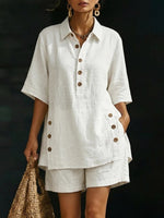 Loose Plus Size Buttoned Pockets Solid Color Lapel Blouse Top + Shorts Bottom Two Pieces Set