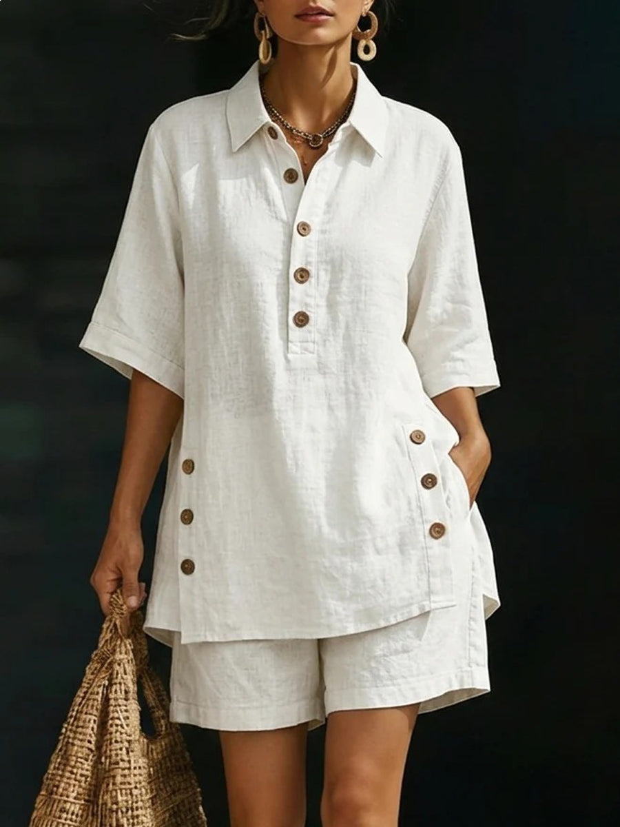 Loose Plus Size Buttoned Pockets Solid Color Lapel Blouse Top + Shorts Bottom Two Pieces Set